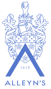 The official Alleyn’s School crest and logo in cornflower blue, featuring a shield, a hand holding a heart, and the founding year 1619.